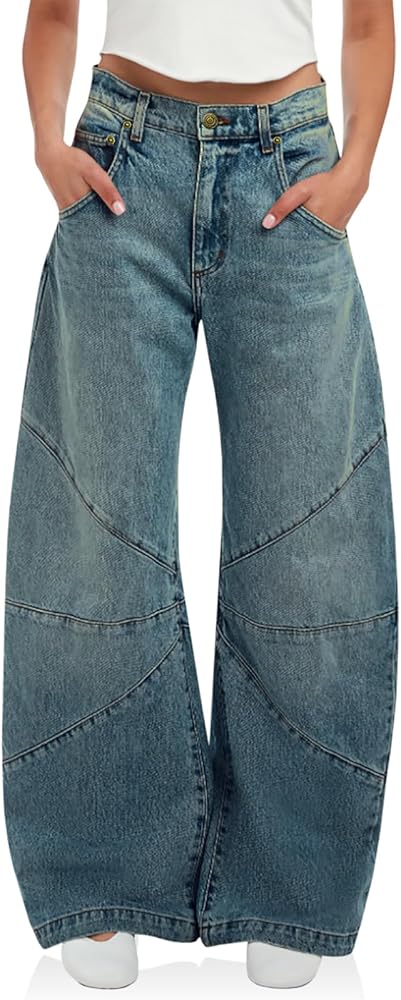 PLNOTME Womens High Waisted Barrel Jeans Casual Loose Boyfriend Wid Leg Denim Pants