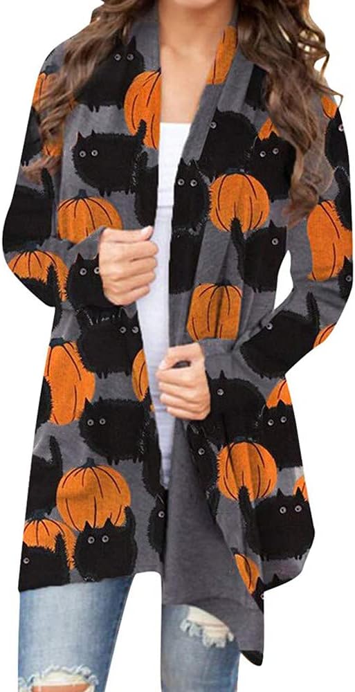 Women's Halloween Pumpkin Cat Print Knitting Cardigan Long Sleeve Open Front Knitted Sweater Outwear Coat Tops