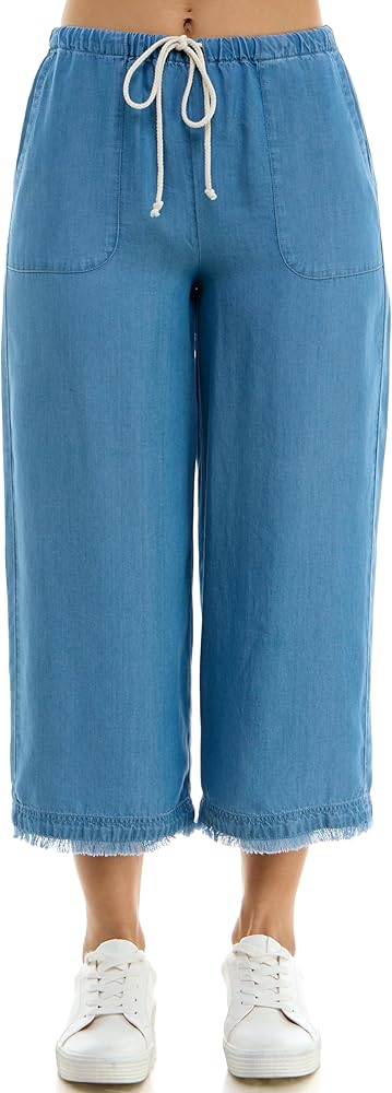 Zac & Rachel Women's Tencel Capri Length Pant with Self Adjustable Rope Belt, Functional Pockets, and Fringe Ankle Detail