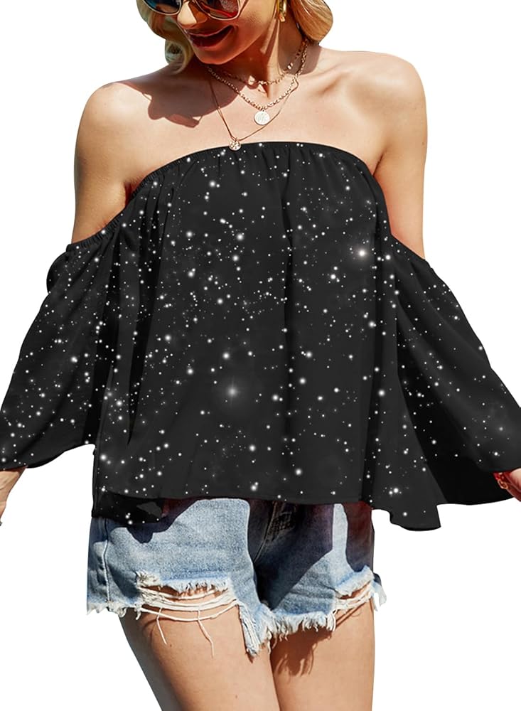 Women's Summer Off Shoulder Blouses Short Sleeves Sexy Tops Chiffon Ruffles Casual T Shirt