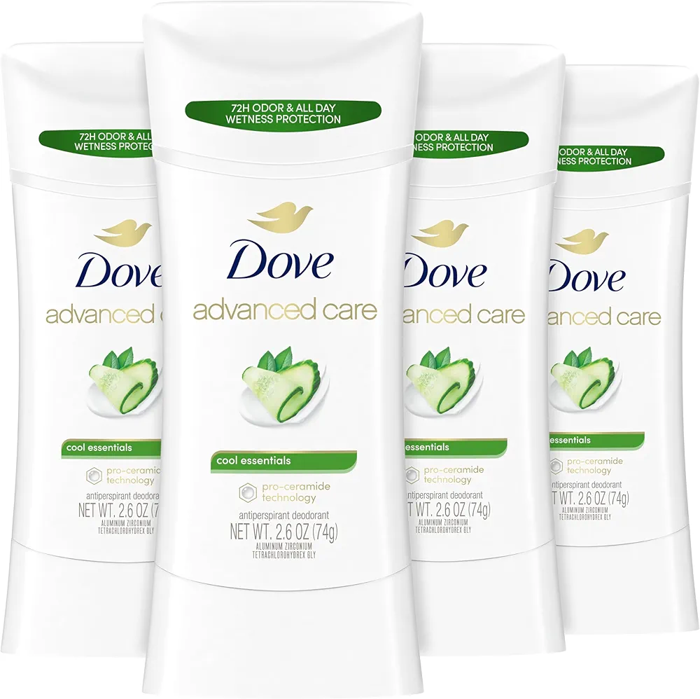 Dove Advanced Care Antiperspirant Deodorant Stick Cool Essentials 4 ct for helping your skin barrier repair after shaving 72 hour odor control and sweat protection with Pro Ceramide Technology 2.6 oz