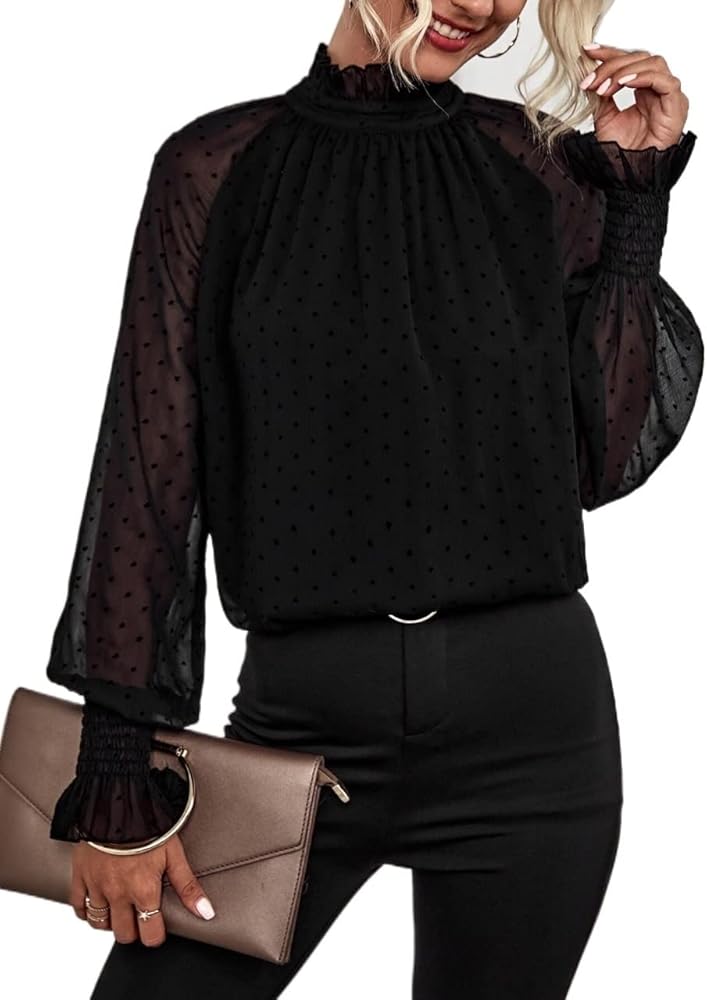 Tops,Tees & Blouses for Women Swiss Dot Flounce Sleeve Blouse