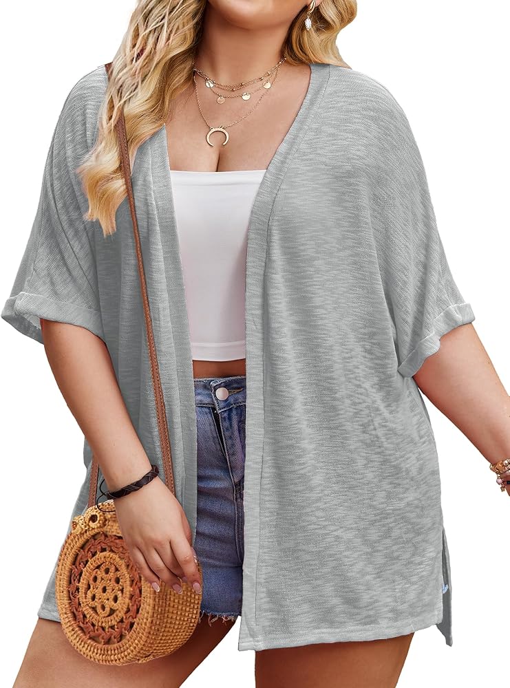 IN'VOLAND Womens Plus Size Lightweight Cardigan Open Front Short Sleeve Casual Loose Fit Beach Cover Up