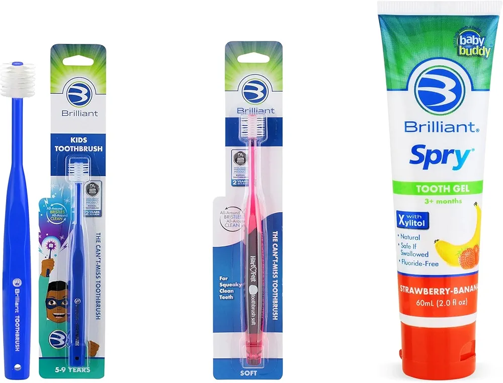 Brilliant Oral Care Bundle; Pack of 1 Kids Toothbrush - Purple, Pack of 1 Adult Toothbrush, Red with Soft Bristles Round Head, & Kids Fluoride Free Toothpaste, Spry Gel with Xylitol,