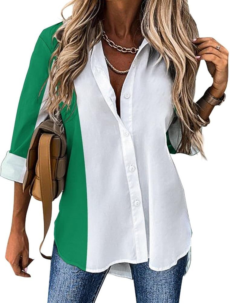 Nigeria Flag Classic Shirts for Women Long Sleeve Blouse Casual V Neck Tee Tops Work Office