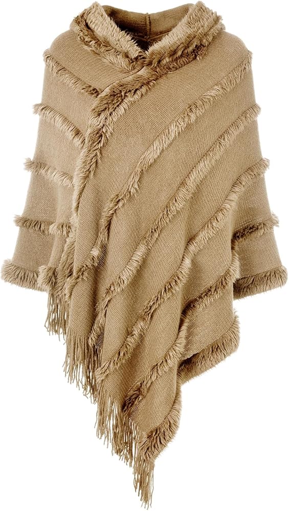 Ferand Ponchos for Women, Fuzzy Knitted Shawl with Fringe, Cozy and Striped Poncho Sweater for Fall and Winter