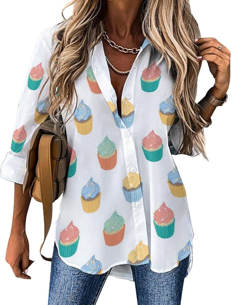 Delicious Cup Cake Cream Classic Shirts for Women Long Sleeve Blouse Casual V Neck Tee Tops Work Office