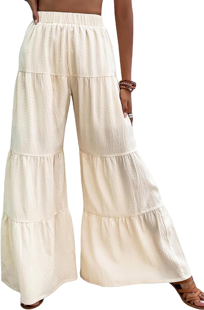 WDIRARA Women's Flowy Boho Elastic High Waist Ruffle Hem Wide Leg Beach Loose Palazzo Pants