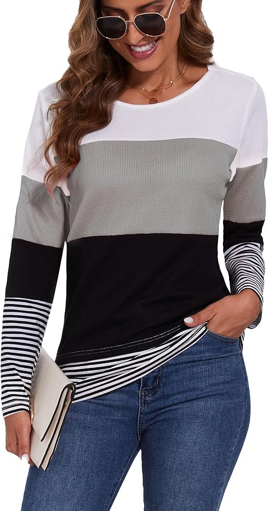 SMENG Womens Long Sleeve Pullover Shirts Crew Neck Color Block Sweater Fashion Fall Waffle Knit Comfy Casual Blouses Tops