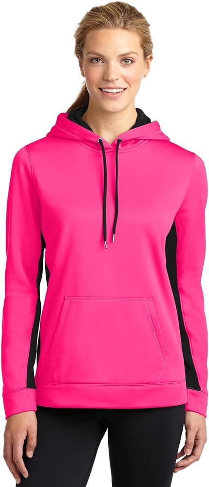 Women's Sport-Wick Fleece Colorblock Hooded Pullover, Neon Pink/Black - Medium