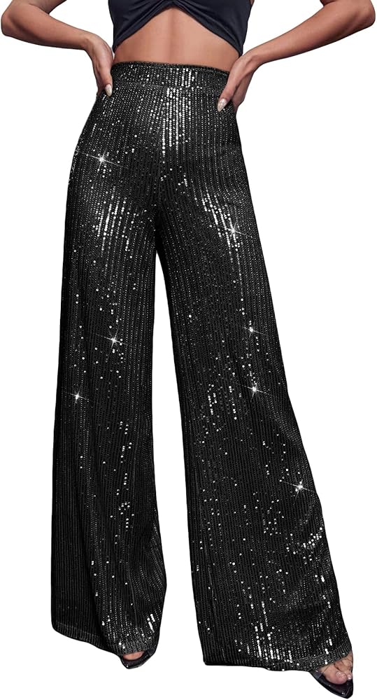 Floerns Women's Contrast Sequin High Waist Wide Leg Party Clubwear Long Pants