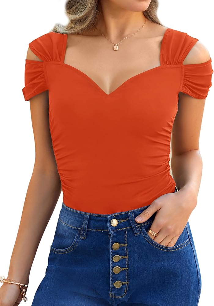 Womens Short Sleeve Cold Shoulder Tops Sexy Deep V Neck Ruched Tight Slim Fit T Shirts Summer Casual Blouse