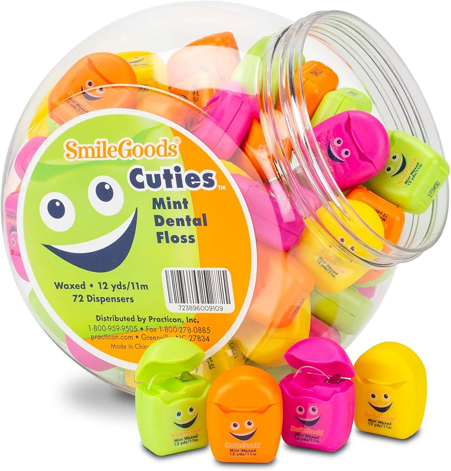 SmileGoods Cuties Mint Waxed 12 Yard Dental Floss, Mini Sample Size Floss for Giveaways, Travel, Kids, Adults, Patients, Assorted Bright Colors with Display Canister, Bulk 72 Pack