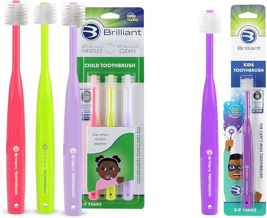 Brilliant Oral Care Bundle; Pack of 3 Child Toothbrush- Pink Lime Lilac & Pack of 1 Kids Toothbrush - Purple with Soft Bristles Round Head