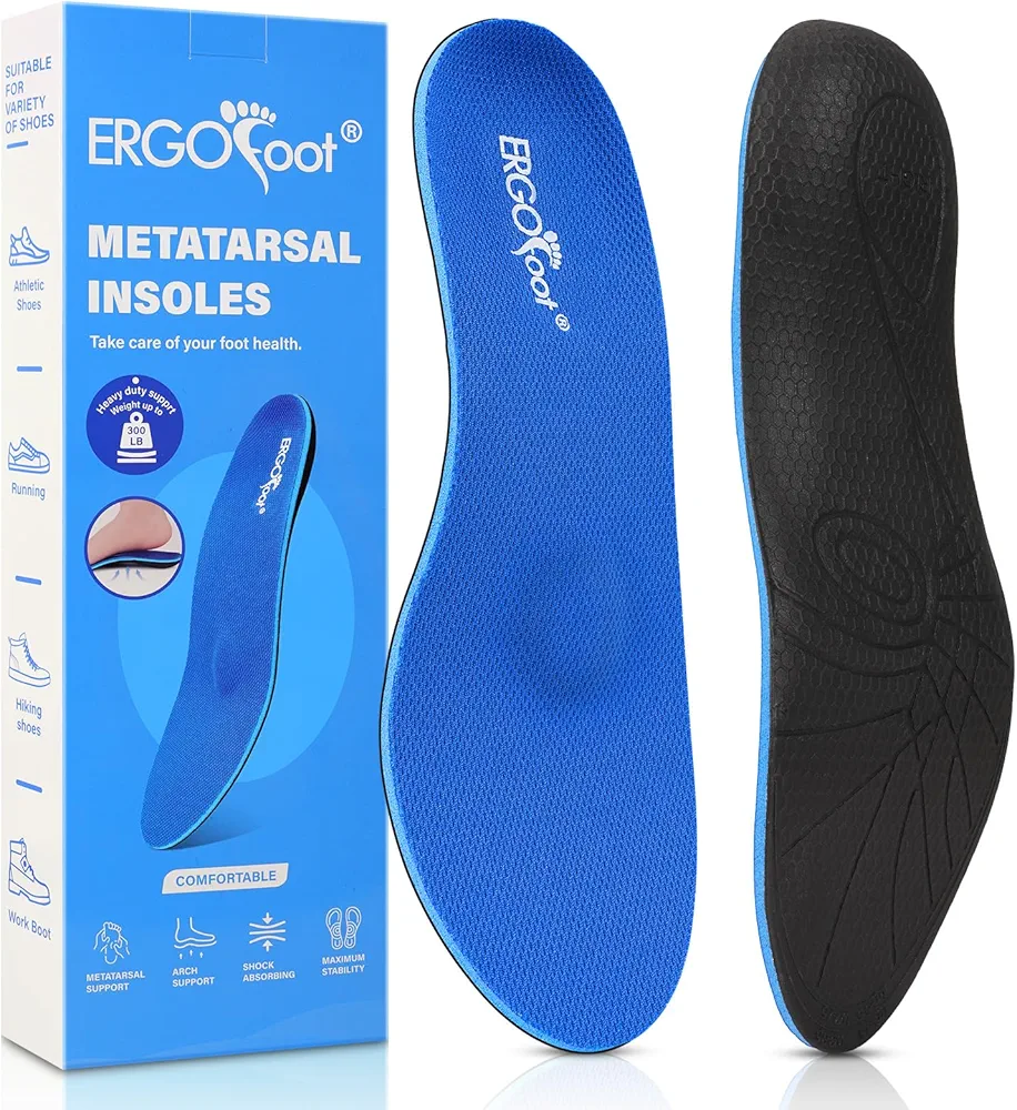 ERGOfoot Metatarsalgia Insoles, Plantar Fasciitis Insoles with Arch Supports, Heavy Duty Support Inserts, 300lbs+, Wide Feet, Relieve Metatarsalgia, Flat Feet, High Arch, Ball of Foot, Foot Pain