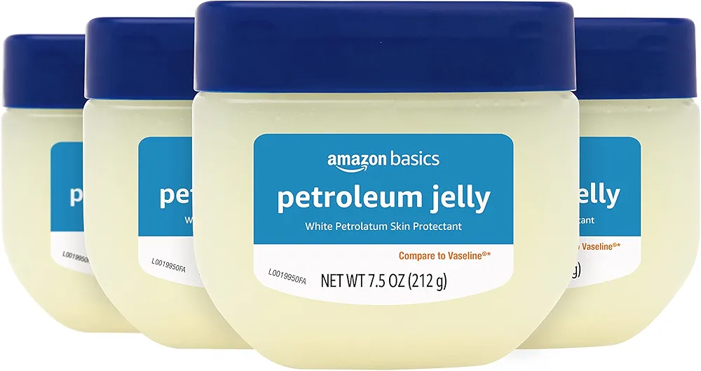 Amazon Basics Petroleum Jelly White Petrolatum Skin Protectant, Unscented, 7.5 Ounce, Pack of 4