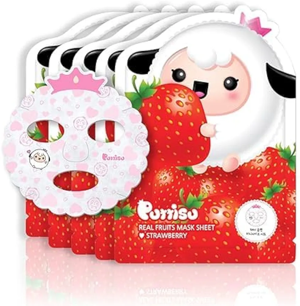 Real Fruit Facial Mask Sheet for Kids, Children - Made with 100% Cotton, Moisturize, Sooths and Hydrates Skin (Strawberry- Pack of 5)