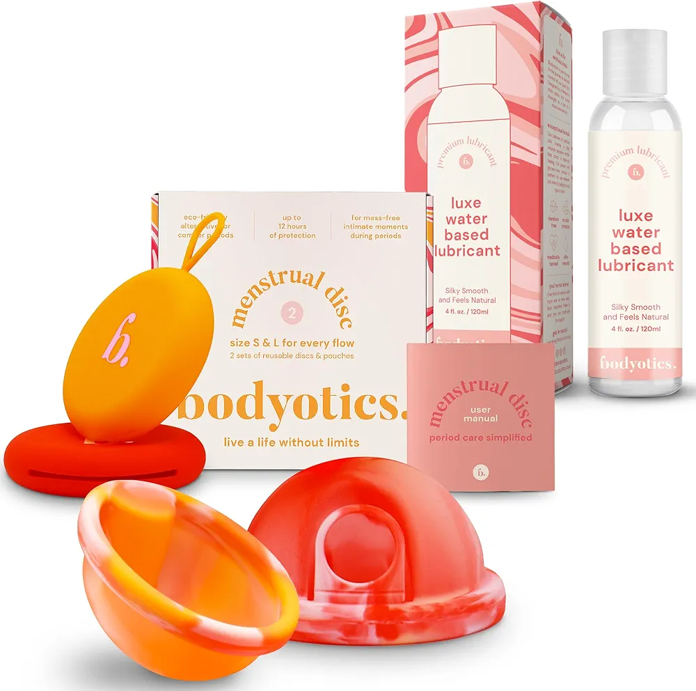 Reusable Menstrual Disc & Personal Lube Bundle - 2X Silicone Period Discs (Small & Large, Red/Orange), Wear Up to 12-Hours + Silicone-Friendly Water Based Lube, Personal Lube for Women & Couples