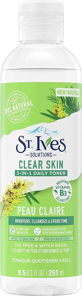 St.Ives Solutions 3-in-1 Face Toner For Combination to Oily and Acne Prone Skin Clear Skin Made with 100 percent Natural Tea Tree Extract, Vitamin B3, Micellar Water Technology, and Witch Hazel 8.5 oz