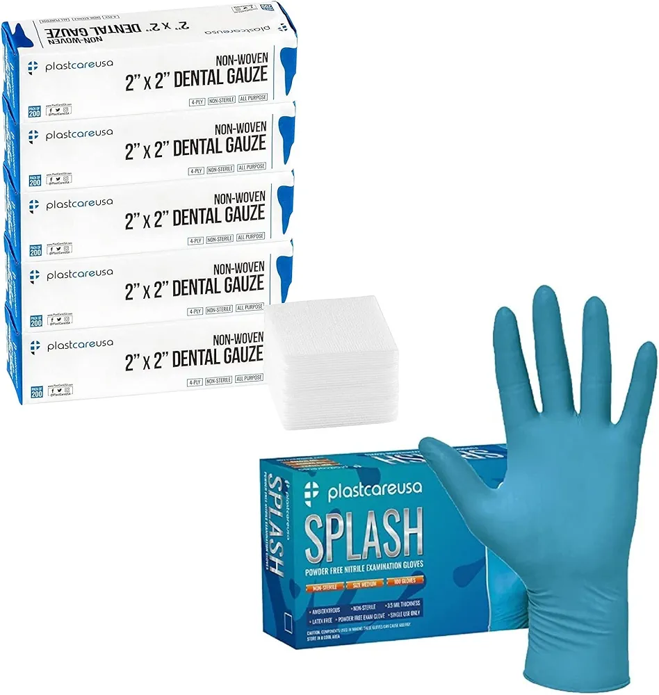 1000 4 Ply 2x2 Gauze Pads and 100 Medium Blue Nitrile Gloves Bundle