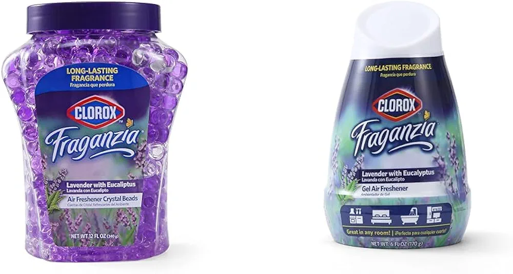 Clorox Fraganzia Air Freshener Bundle: Lavender and Eucalyptus Burst Crystal Beads (12oz) & No-Plug, Battery-Free Gel Cone (6oz) for Long-Lasting Freshness in Any Space