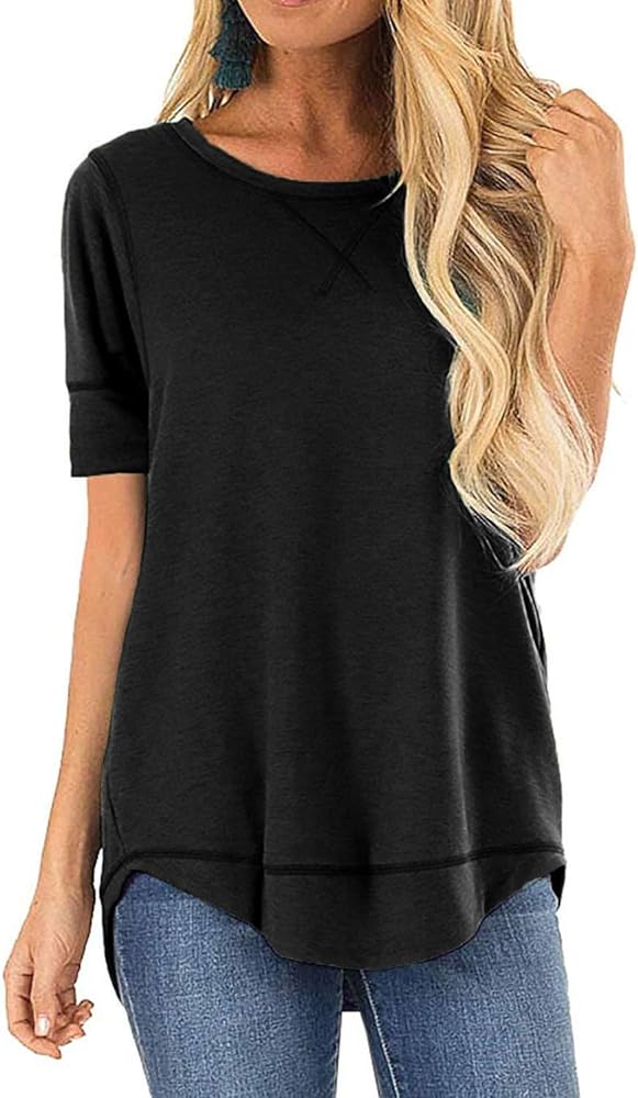 HIYIYEZI Summer Tops for Women Short Sleeve Side Split Casual Loose Tunic Top