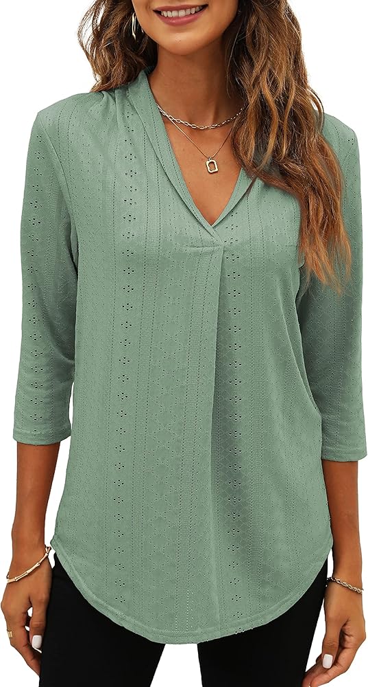 Miselon Womens 3/4 Sleeve Tunic Tops Eyelet V Neck Blouses Loose Fit Business Casual Work Shirts