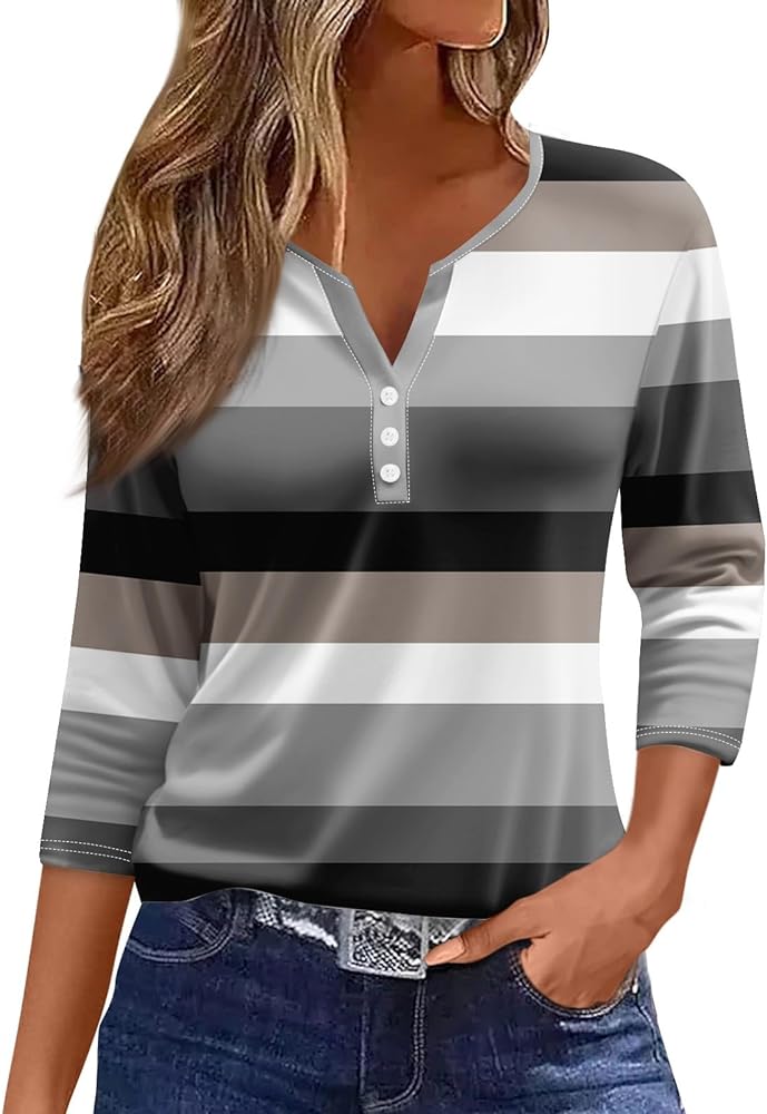 KIKX0DE Womens 3/4 Length Sleeve Tops Casual Henley Neck Striped Summer Shirts Loose Fit Three Quarter Sleeve Blouses