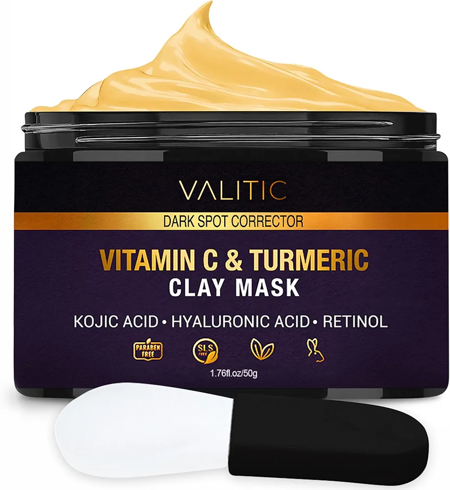 VALITIC Vitamin C & Turmeric Clay Mask - Dark Spot Corrector with Kojic Acid, Hyaluronic Acid & Retinol - Skin Care Routine for Minimizing Pores & Blackheads - with Applicator Brush - 50g