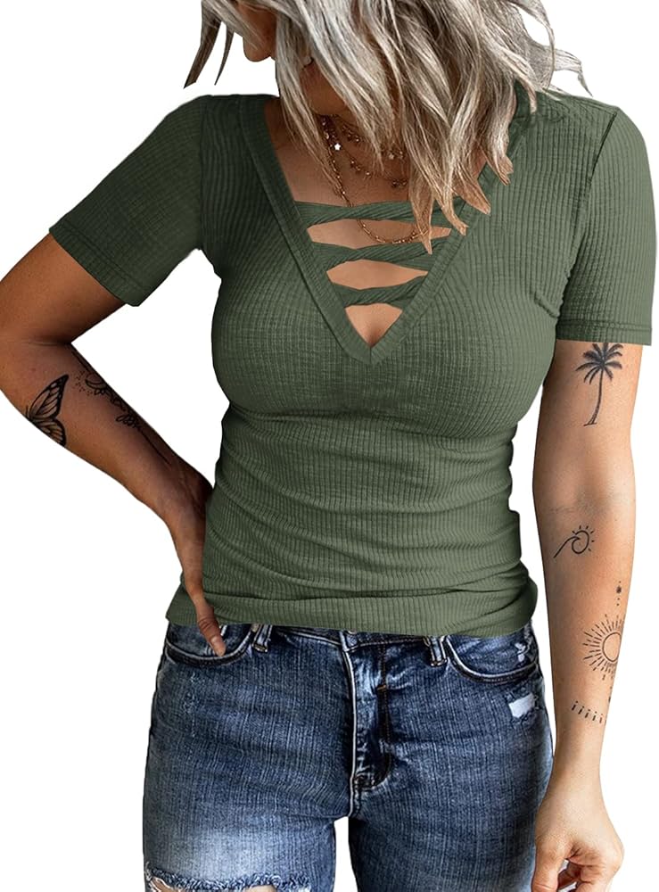 Women Casual Short Sleeve Tunic Tops V-Neck T Shirts Criss Cross Ribbed Slim Fitted Blouse