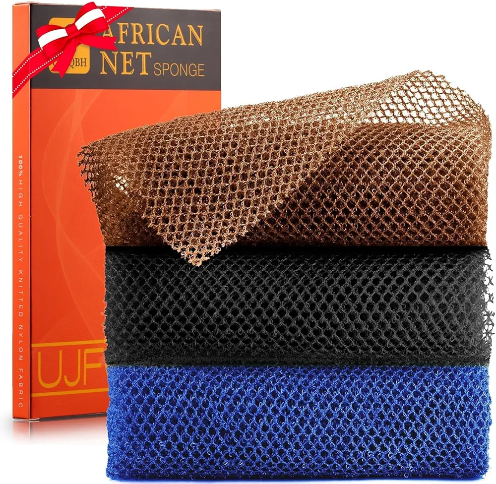 3 Pieces African Bath Sponge African Net Long Net Bath Sponge Exfoliating Shower Body Scrubber Back Scrubber Skin Smoother,Great for Daily Use (Black、Blue、Brown)