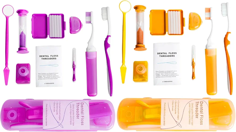 Portable Orthodontic Oral Care Kit - 2Pack - Travel Kit for Patients, Interdental Brushing Wax Floss Toothbrush Cleaning(Purple & Orange)