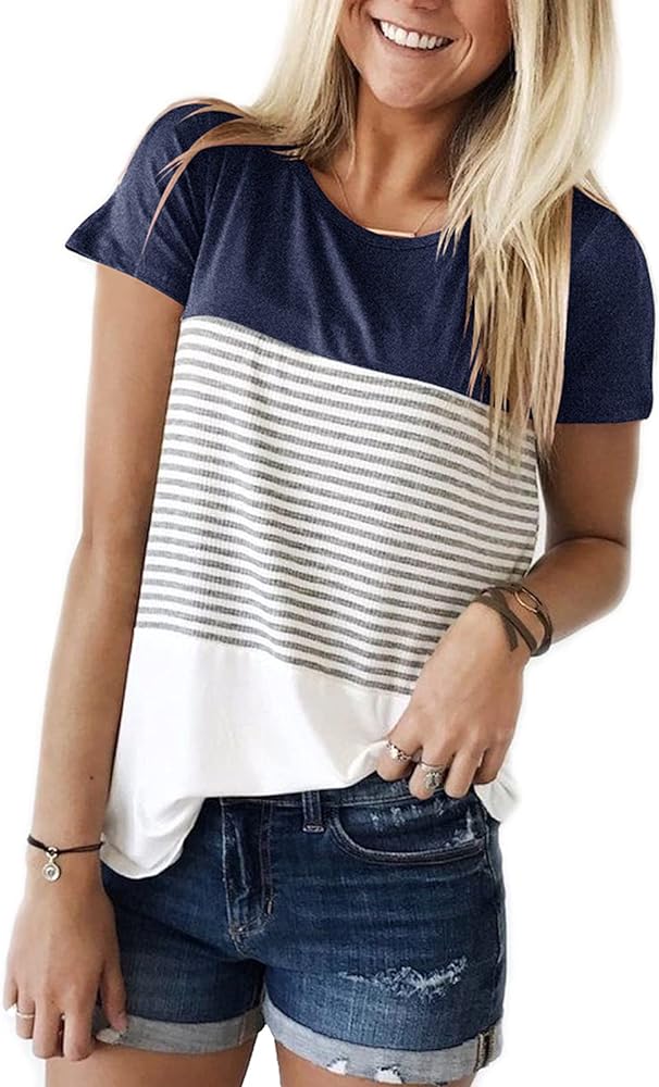 YunJey Round Neck Triple Color Block Stripe T-Shirt