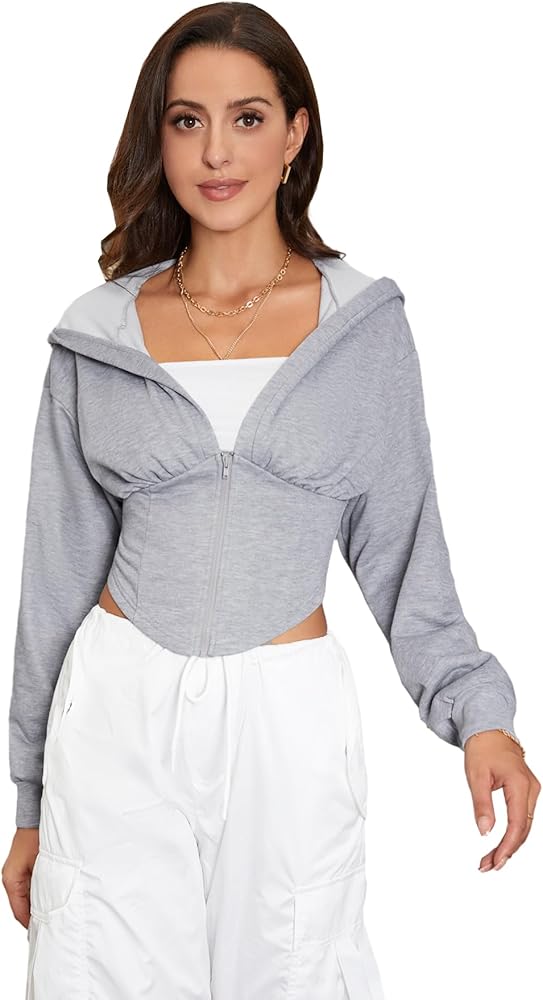 Verdusa Women's Zip Up Long Sleeve Asymmetrical Crop Hoodie Sweatshirt Top