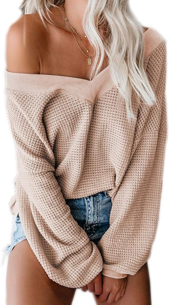 Tobrief Women's V Neck Long Sleeve Waffle Knit Tops Off Shoulder Oversized Pullover Sweater