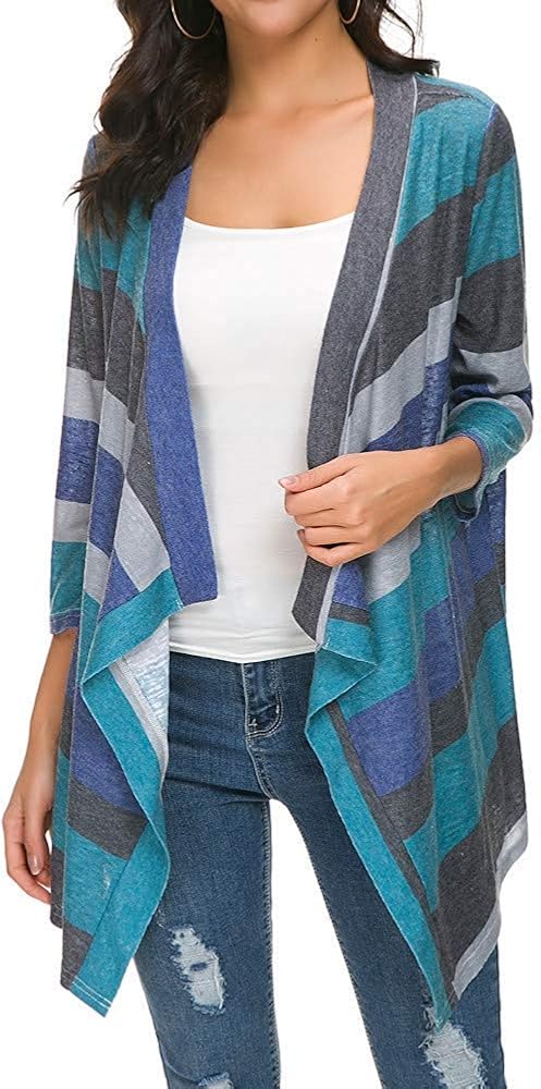 DEARCASE Women's 3/4 Sleeve Cardigans Striped Printed Open Front Draped Kimono Loose Cardigan