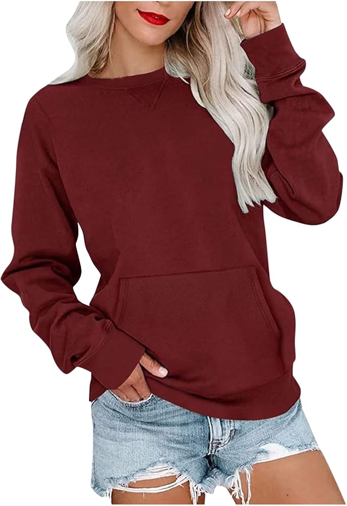 Solid Oversized Sweatshirts for Women Round Neck Loose Fit Long Sleeve Sweaters Casual Sport Preppy Hoodies Workout