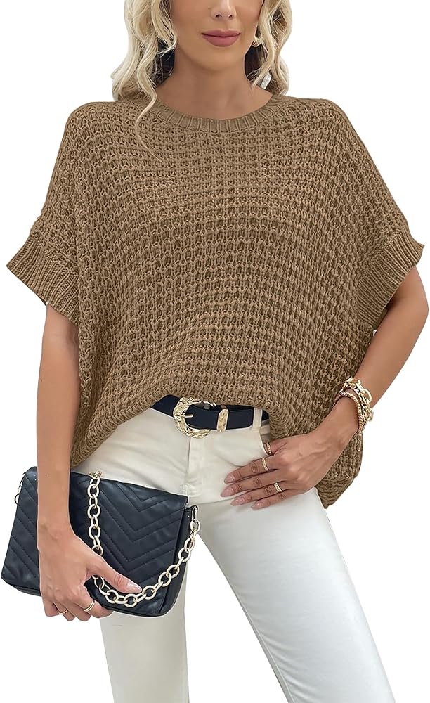 Jumppmile Women's Short Sleeve Waffle Knit Batwing Sleeve Sweater Pullover Sleeveless Oversized Sweater