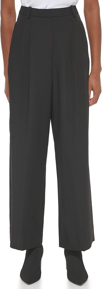 Calvin Klein Women's Misses Solid Crepe Pleated Straight Leg Pant (Standard and Plus Size)