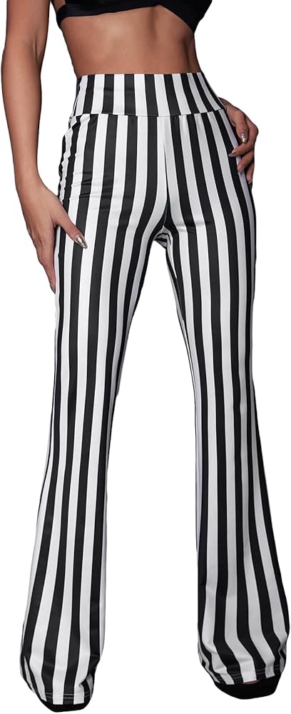 SOLY HUX Women's Striped Elastic High Waist Flare Leg Long Pants Casual Trousers