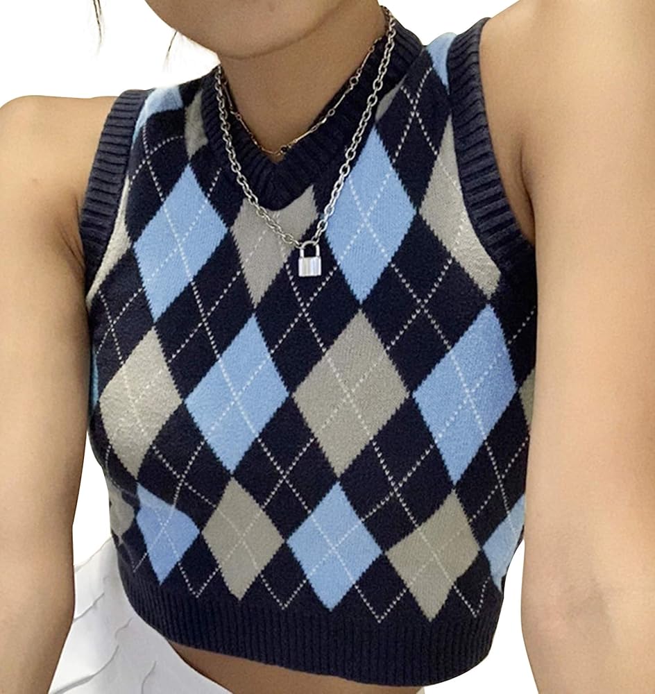 Womens Sweater Vest Argyle Plaid Crop Sweaters Sleeveless Preppy Style Tank Tops