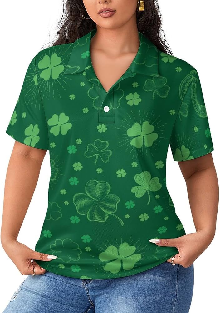 St. Patrick's Day Horseshoe Clover Breathable Golf T Shirts for Women Short Sleeve Blouses Quick Dry Tees Tops Work Tennis