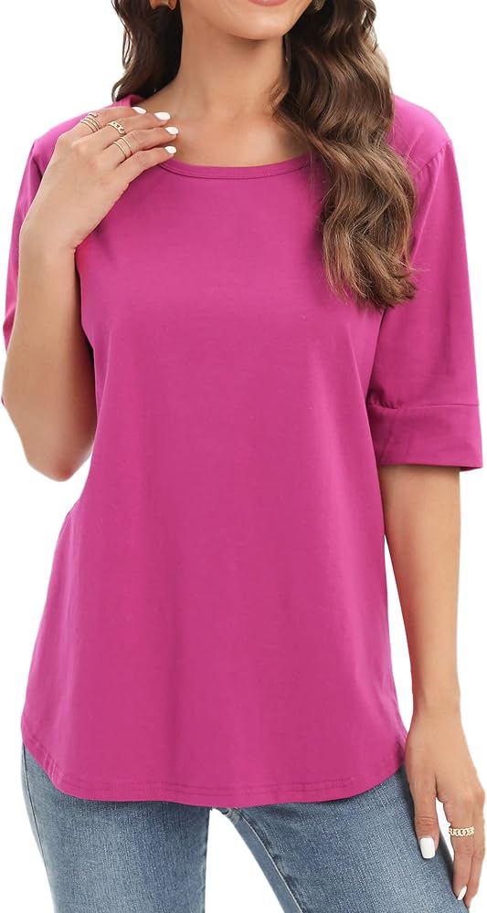 Elbow Length Tee Shirts for Women Cotton Tunic Tops Casual Crewneck Blouse