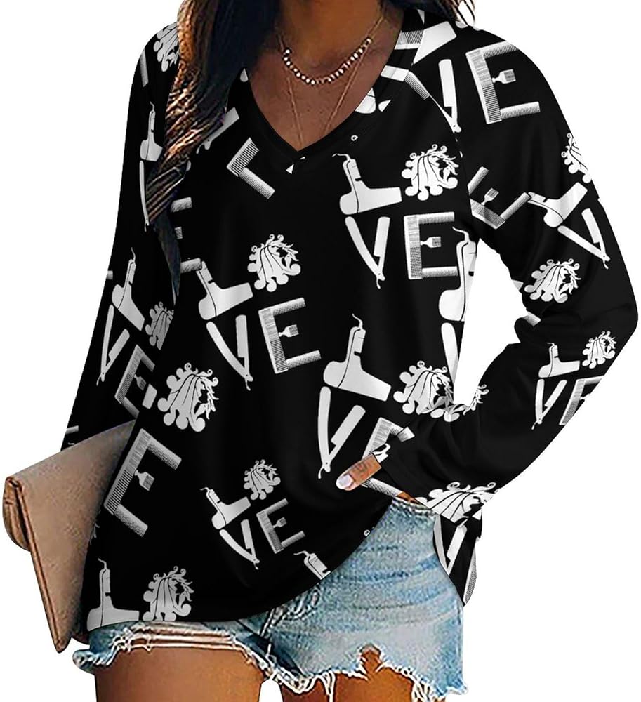 Hairdresser Hairstylist Love Loose Womens Shirts Long Sleeve Tees Tops Casual V-Neck Graphic Blouses