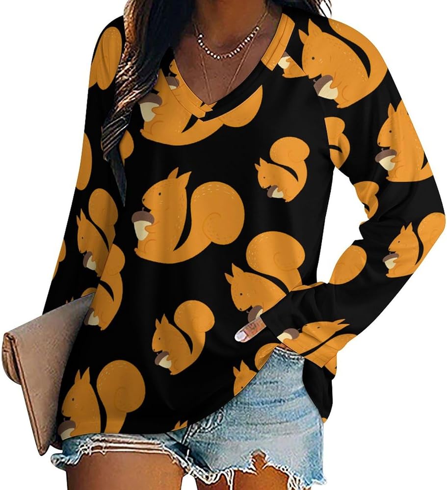 Acorns and Squirrels Loose Womens Shirts Long Sleeve Tees Tops Casual V-Neck Graphic Blouses