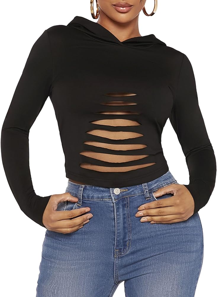 Verdusa Women's Sexy Hollow Out Long Sleeve Hooded Crop Sweatshirt Top