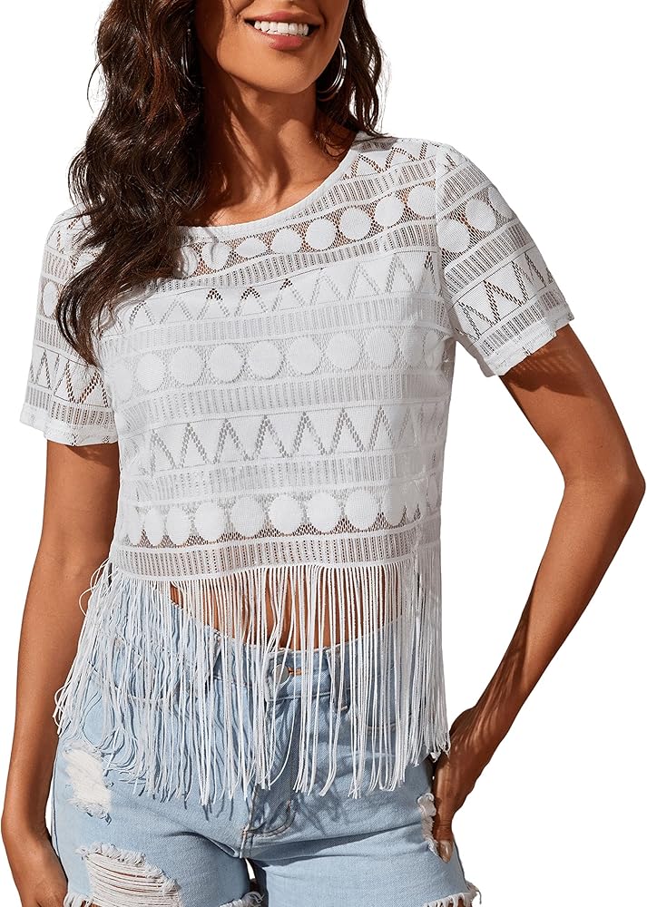 SweatyRocks Women's Fringe Trim Sheer Lace Short Sleeve Blouse Top Round Neck T Shirts