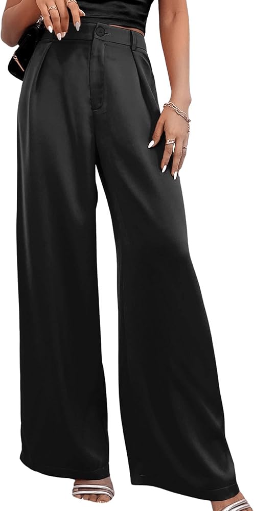 SweatyRocks Women's High Waist Satin Wide Leg Pants Casual Work Office Faux Silk Long Trousers with Pockets