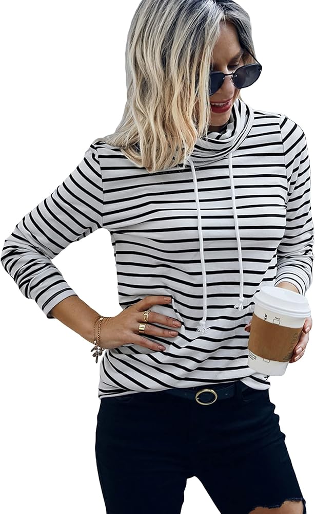 COZYEASE Women's Striped Turtleneck Tee Shirts Casual Long Sleeve Drawstring Sweatshirts Tops