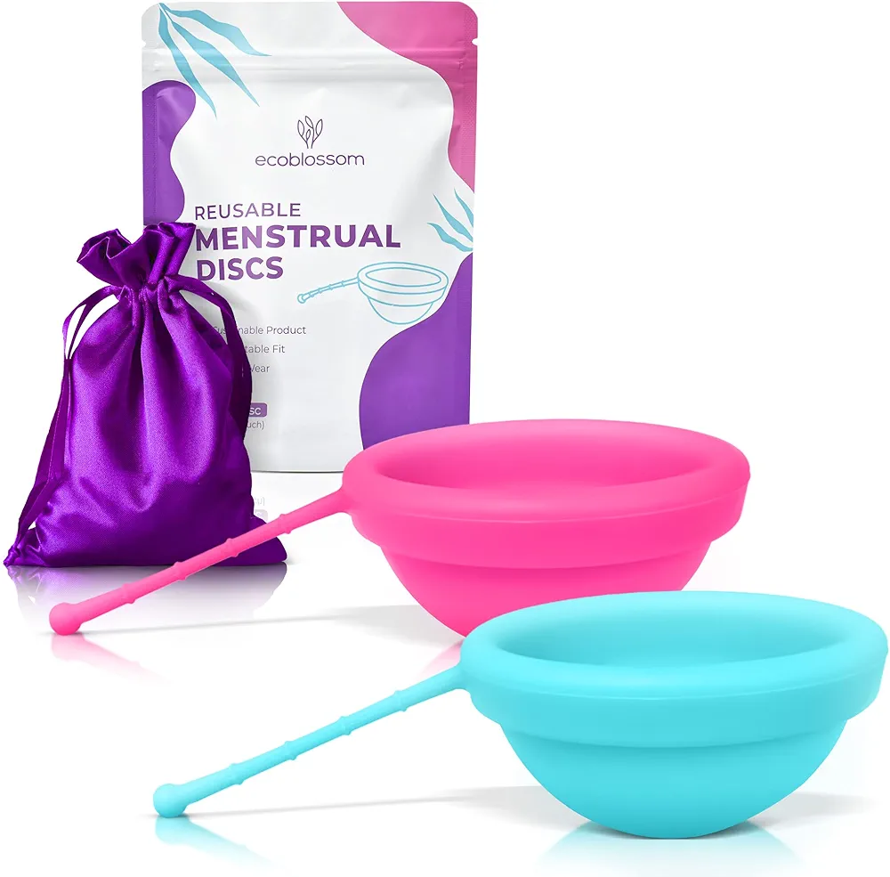 EcoBlossom Reusable Menstrual Disc with Removal String - The Most Reliable Medical Grade Silicone Period Discs - Comfortably use for 12 Hours (Small Pack of 2, Rose & Teal)